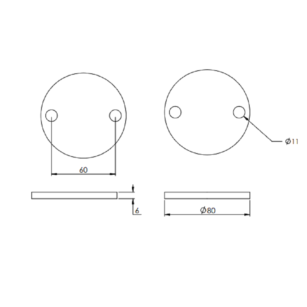 Ronde ø 80mm, Stärke 6mm, mit zwei ø 11mm Bohrungen, gelasert, Stahl roh