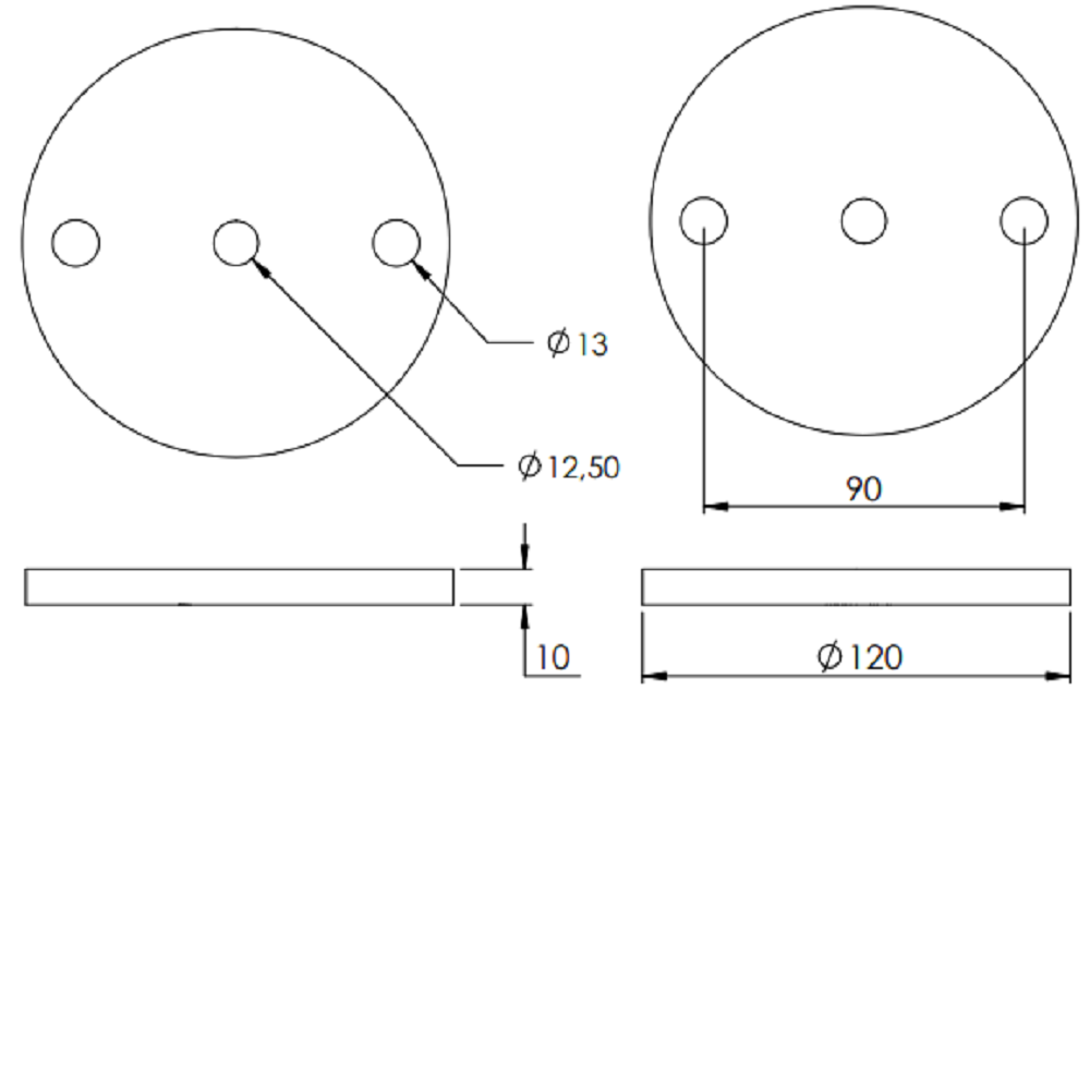 Ronde ø 120mm, Stärke 10mm, mit zwei ø 13mm Bohrungen und ø 12,5mm Mittelbohrung, gelasert, Stahl roh