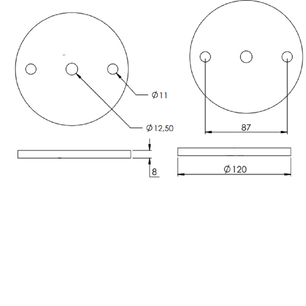 Ronde ø 120mm, Stärke 8mm, mit zwei ø 11mm Bohrungen und ø 12,5mm Mittelbohrung, Stahl roh