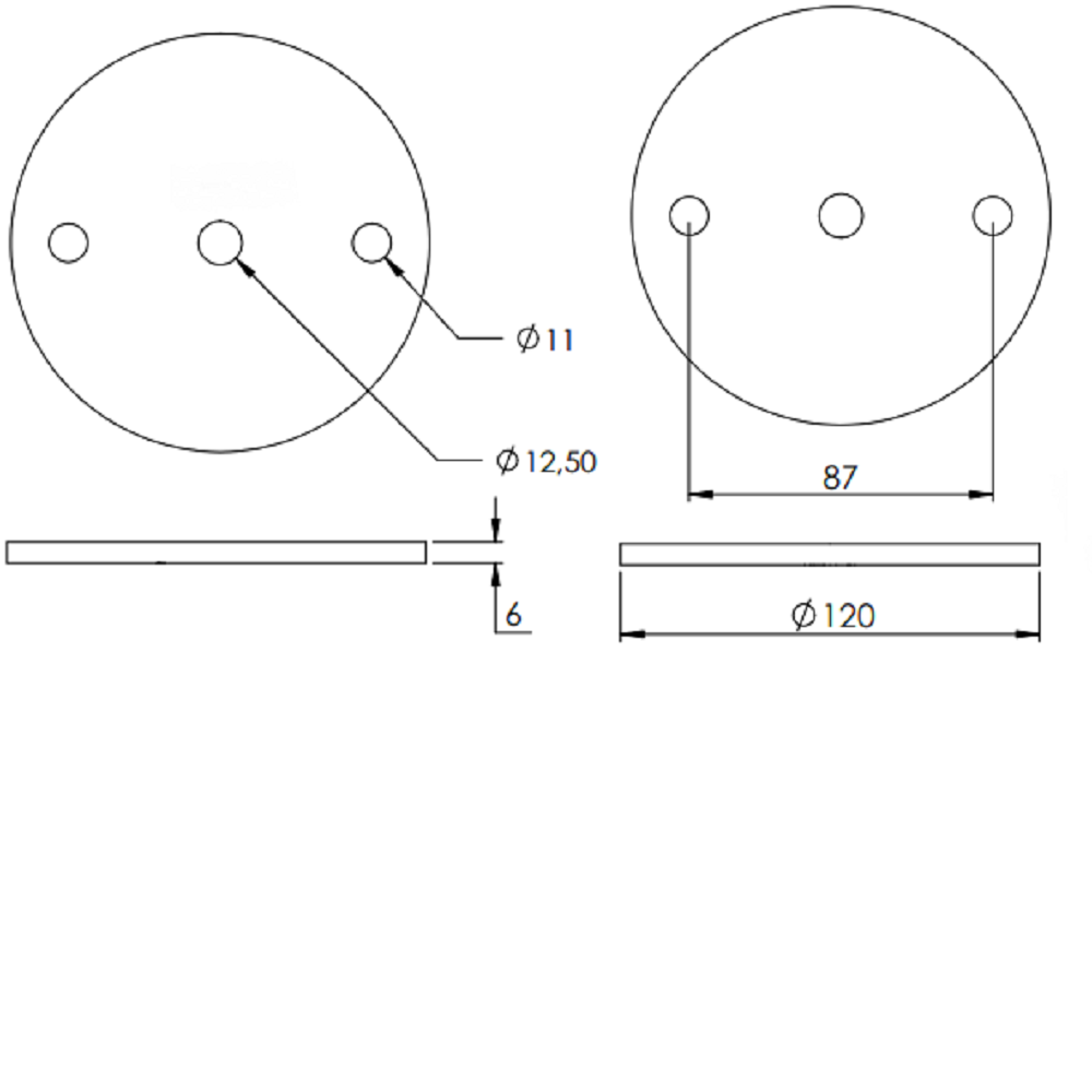Ronde ø 120mm, Stärke 6mm, mit zwei ø 11mm Bohrungen und ø 12,5mm Mittelbohrung, Stahl roh