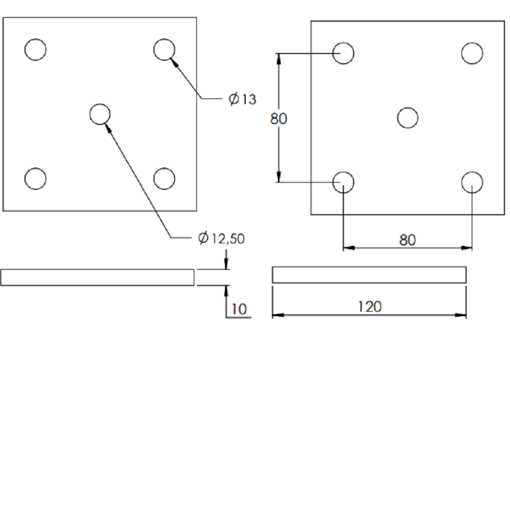 Ankerplatte 120 x 120mm, Stärke 10mm, mit vier ø 13mm Bohrungen und ø 12,5mm Mittelbohrung, gelasert, Stahl roh