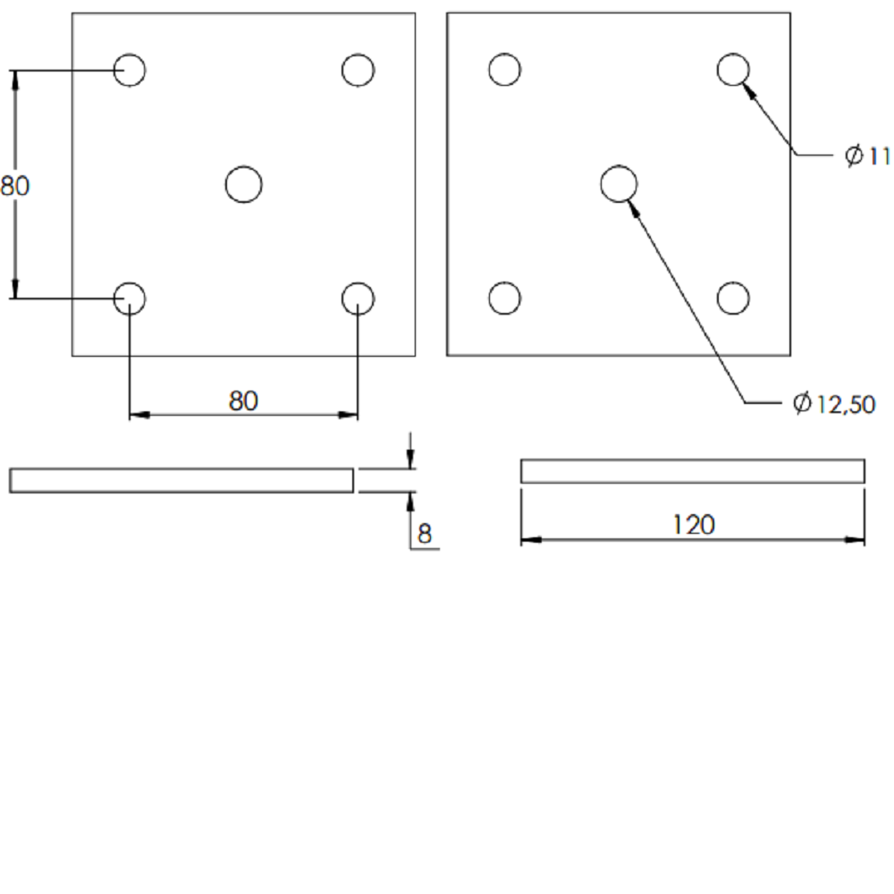Ankerplatte 120 x 120mm, Stärke 8mm, mit vier ø 13mm Bohrungen und ø 12,5mm Mittelbohrung, Stahl roh