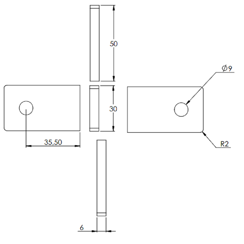 Anschweißlasche 50 x 30mm, Stärke 6mm, mit ø 9mm Rundloch, Anschluss flach, Stahl roh