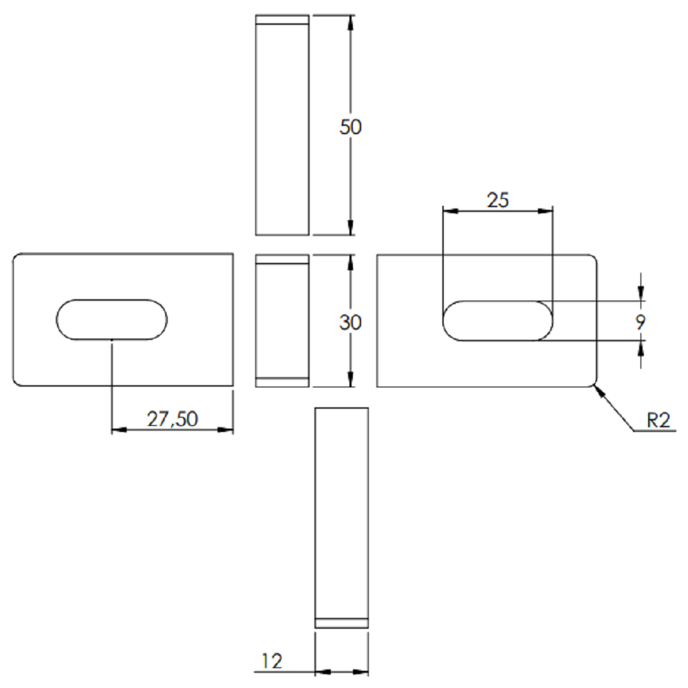 Anschweißlasche 50 x 30mm, Stärke 12mm, mit 9 x 25mm Langloch, Anschluss flach, Stahl roh