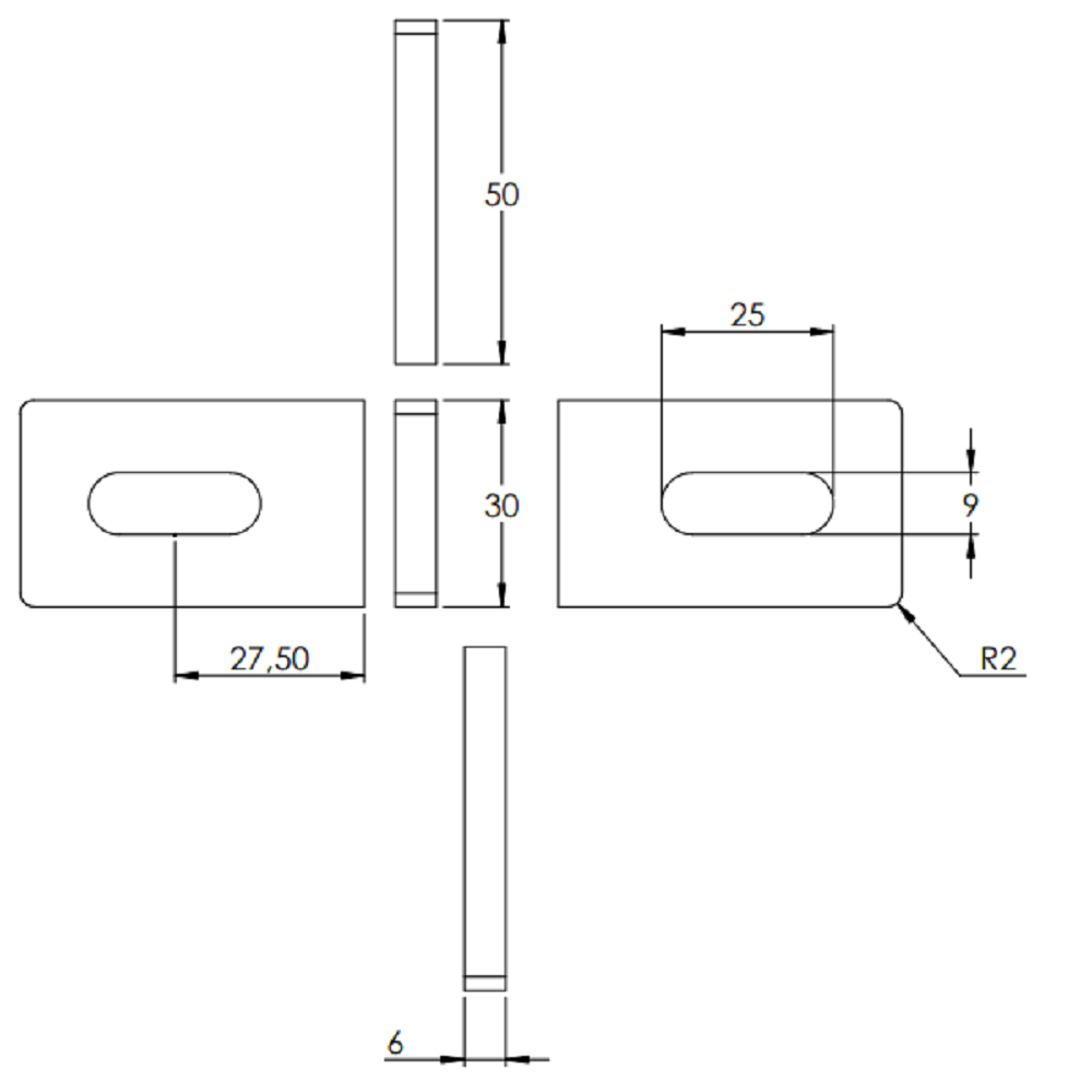 Anschweißlasche 50 x 30mm, Stärke 6mm, mit 9 x 25mm Langloch, Anschluss flach, Stahl roh