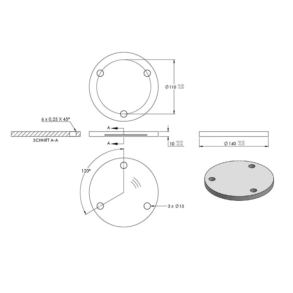 Ronde ø 140mm, Stärke 10mm, mit drei ø 13mm Bohrungen, einseitig geschliffen, mit Rundschliff