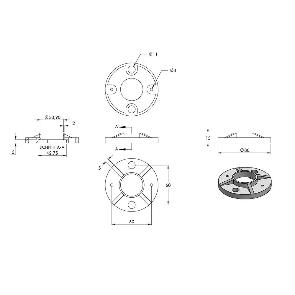 Ankerplatte ø 80 x 8mm, Höhe 15mm, mit 2 x ø 11mm und 2 x ø 4mm Bohrung, für Rohr ø 33,7mm
