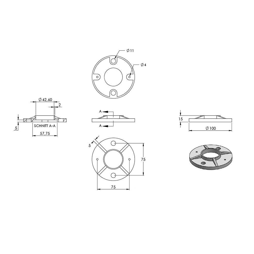 Ankerplatte ø 100 x 8mm, Höhe 15mm, mit 2 x ø 11mm und 2 x ø 4mm Bohrung, für Rohr ø 42,4mm, in V4A