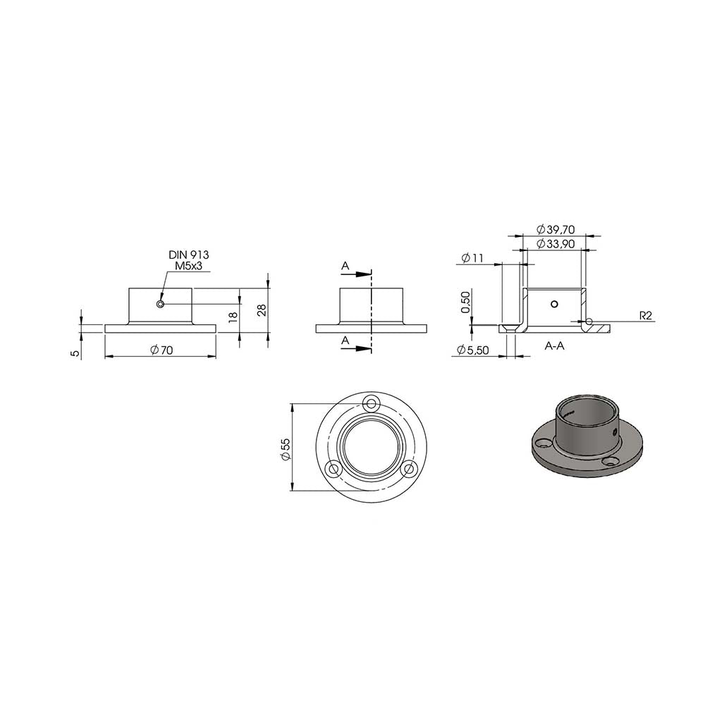 Wandflansch/Bodenanker, Platte ø 70 x 5mm, Höhe 25mm, für Rohr ø 33,7mm mit Madenschraube seitlich