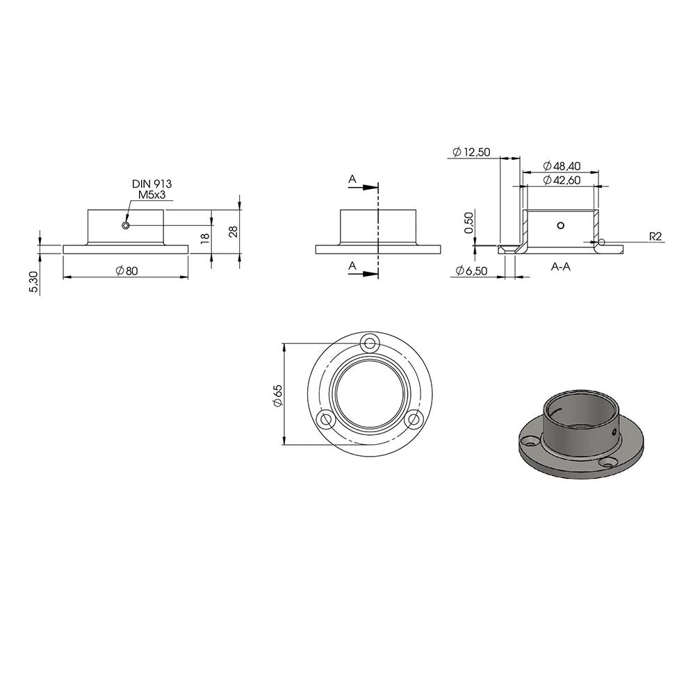 Wandflansch/Bodenanker, Platte ø 80 x 5mm, Höhe 27.5mm, für Rohr ø 42,4mm mit Madenschraube seitlich, in V4A