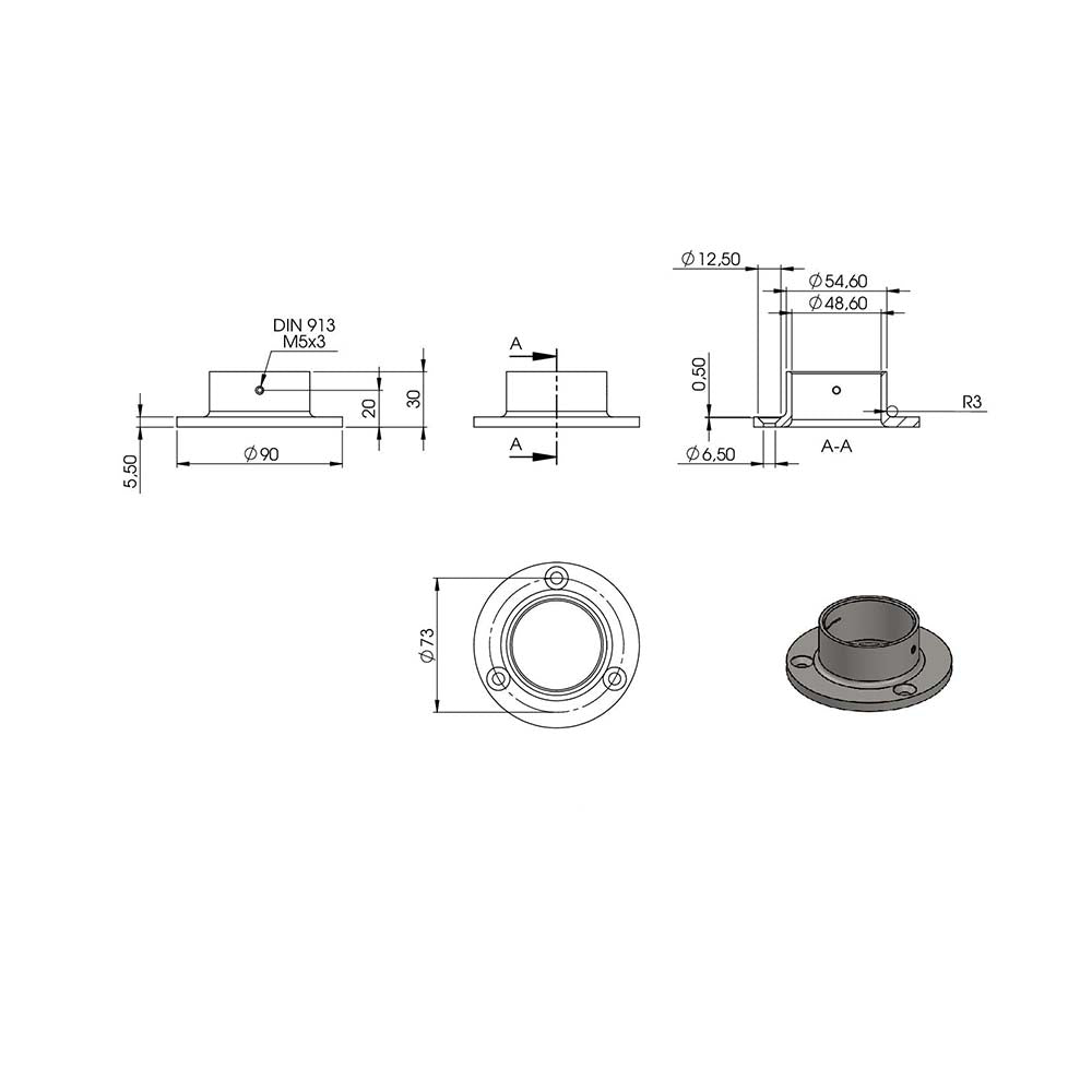 Wandflansch/Bodenanker, Platte ø 90 x 5mm, Höhe 27,5mm, für Rohr ø 48,3mm mit Madenschraube seitlich