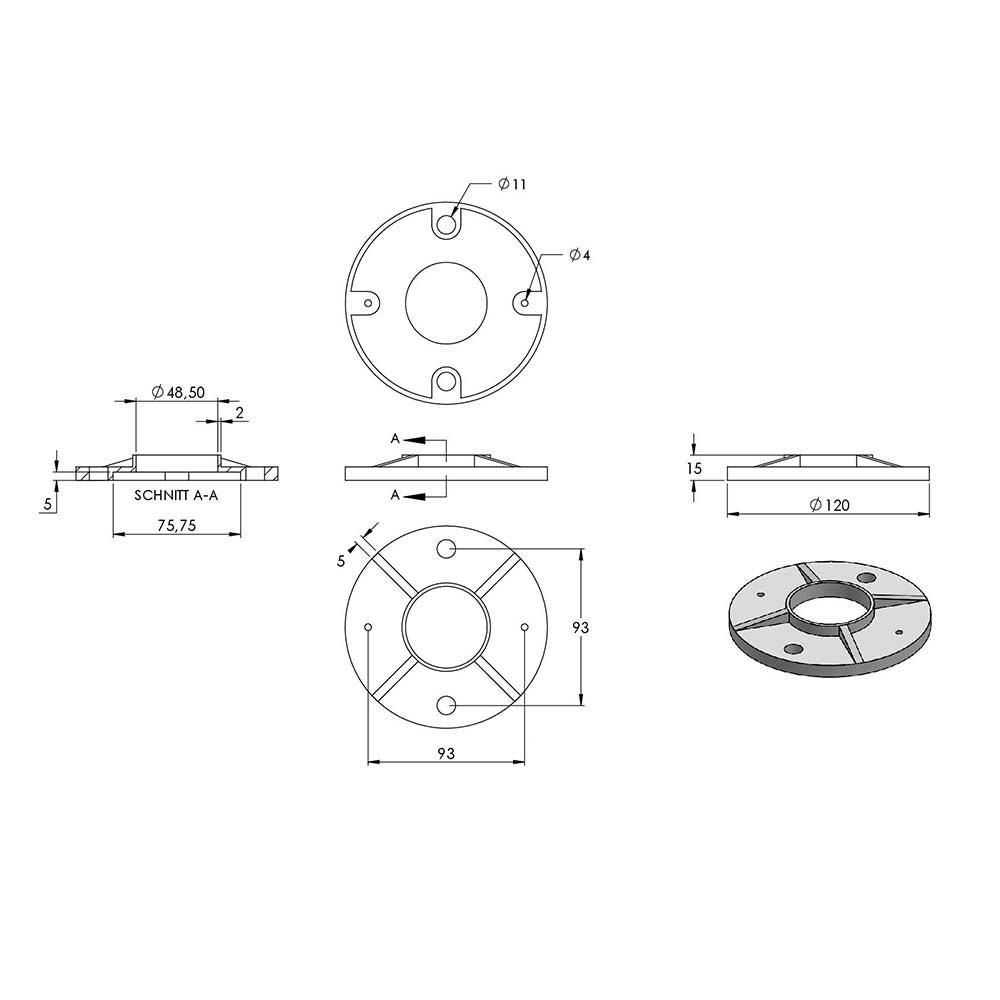 Ankerplatte ø 120 x 8mm, Höhe 15mm, mit 2 x ø 11mm und 2 x ø 4mm Bohrung, für Rohr ø 48,3mm