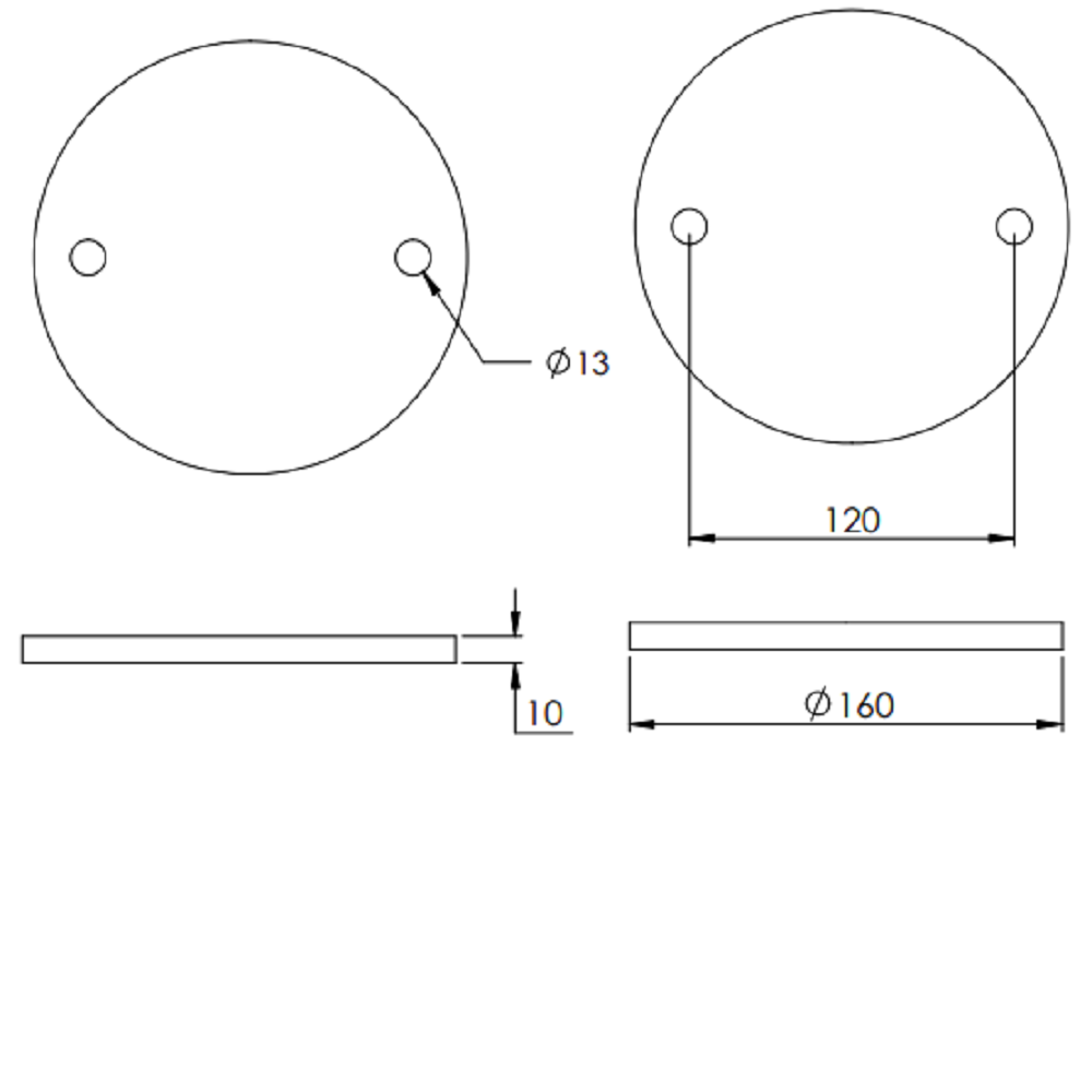 Ronde ø 160mm, Stärke 10mm, mit zwei ø 13mm Bohrungen, gelasert, Stahl roh
