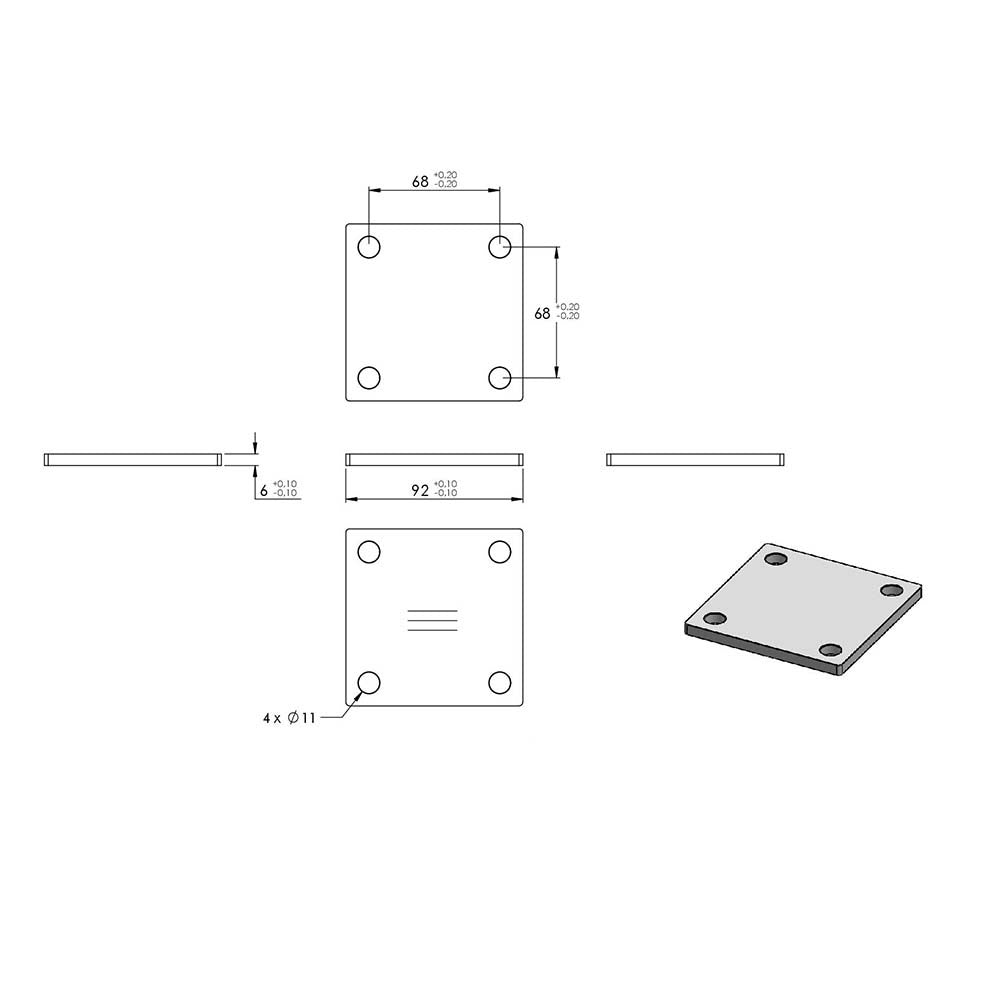 Ankerplatte 92 x 92mm, Stärke 6mm, mit vier ø 11mm Bohrungen, einseitig geschliffen