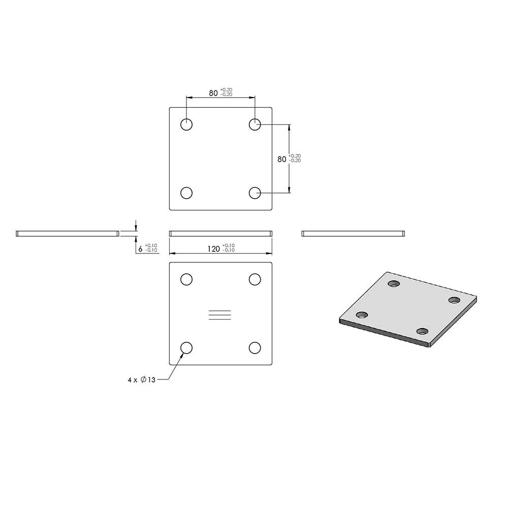 Ankerplatte 120 x 120mm, Stärke 6mm, mit vier ø 13mm Bohrungen, einseitig geschliffen