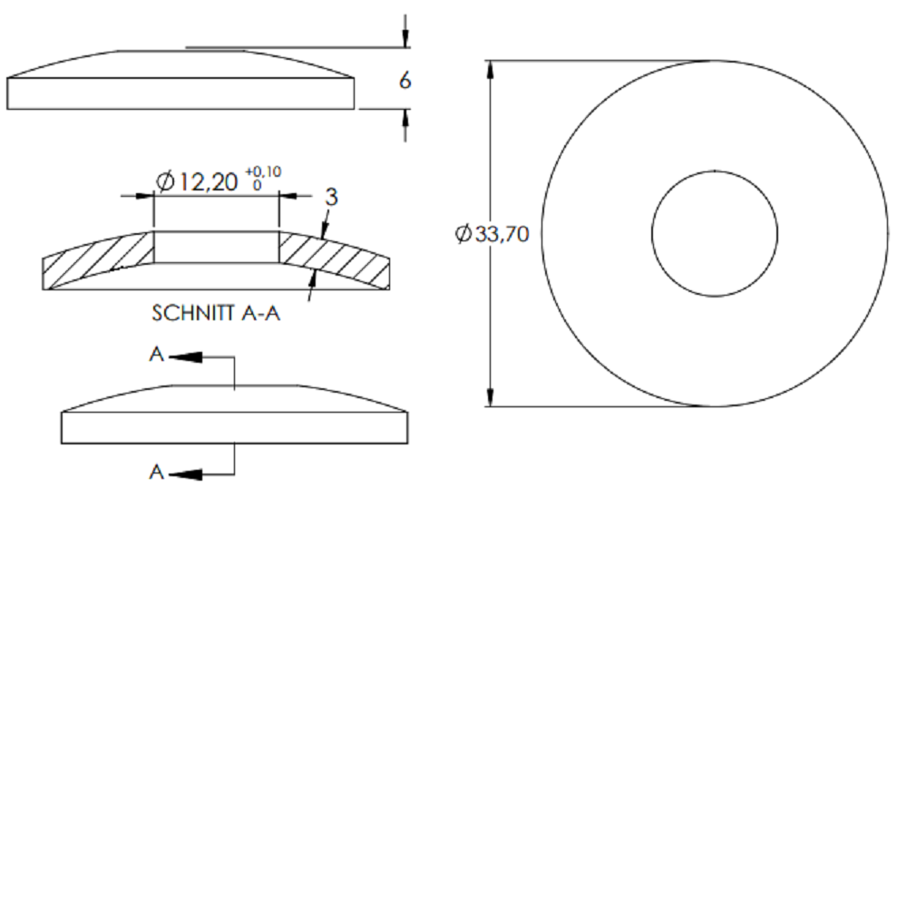Gewölbte Schale ø 33,7mm, Stärke 3mm, zum Aufschweißen, mit ø 12,3mm Mittelbohrung, Stahl roh