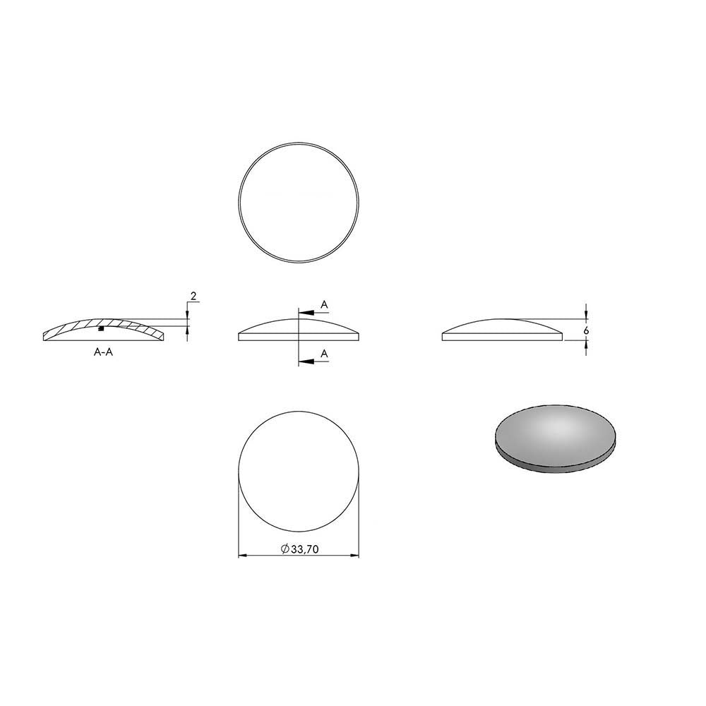 Gewölbte V4A Schale ø 33,7mm, ungeschliffen, zum Aufschweißen