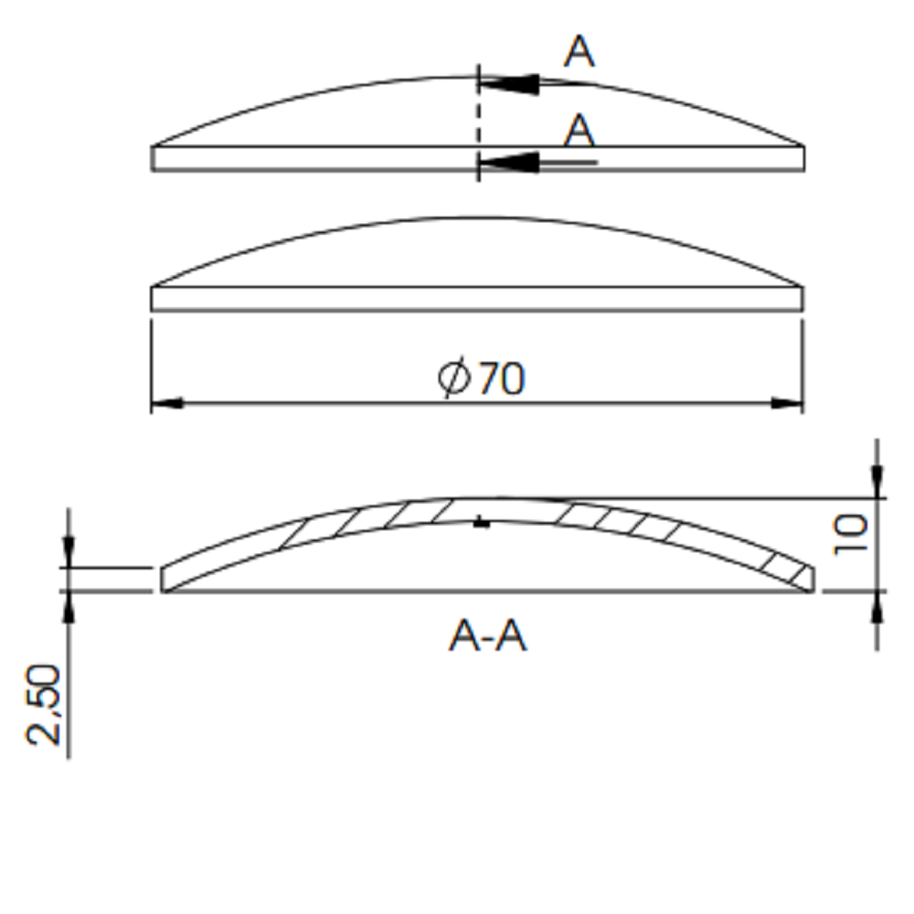 Gewölbte Schale ø 70mm, Stärke 2,5mm, zum Aufschweißen, Stahl roh