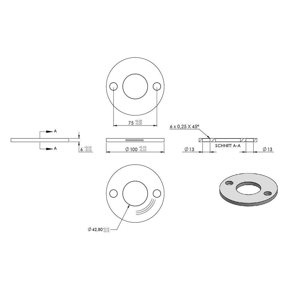 Ronde ø 100mm, Stärke 6mm, mit zwei ø 13mm Bohrungen und mittiger ø 42,8mm Bohrung, mit Rundschliff