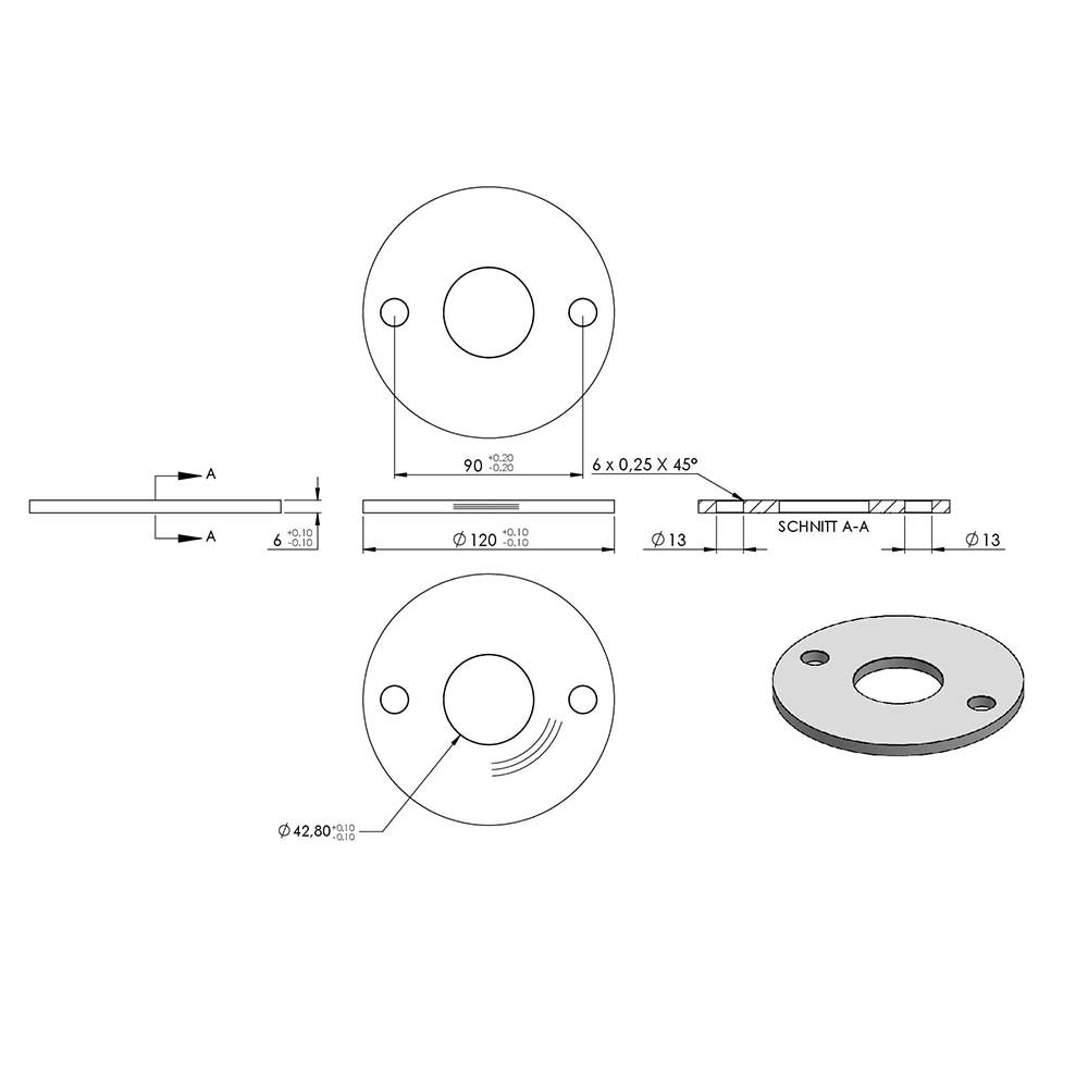 Ronde ø 120mm, Stärke 6mm, mit zwei ø 13mm Bohrungen und mittiger ø 42,8mm Bohrung, mit Rundschliff