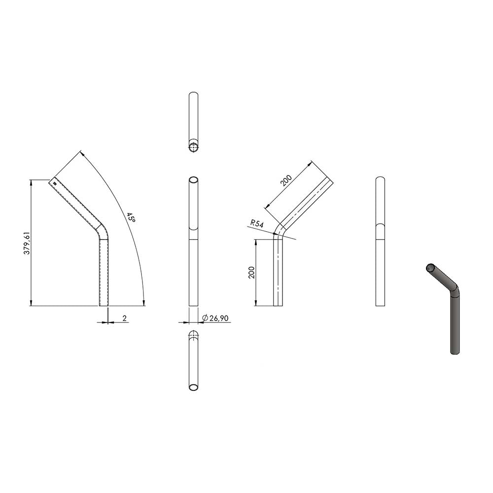 45° Anschweißbogen, für Rohr ø 26,9mm, Wandstärke 2,0mm, geschliffen