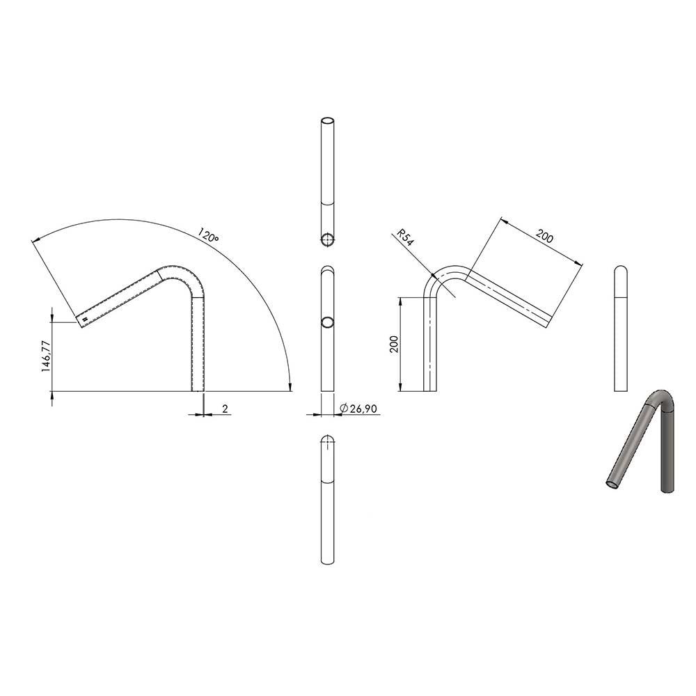 120° Anschweißbogen, für Rohr ø 26,9mm, Wandstärke 2,0mm, geschliffen
