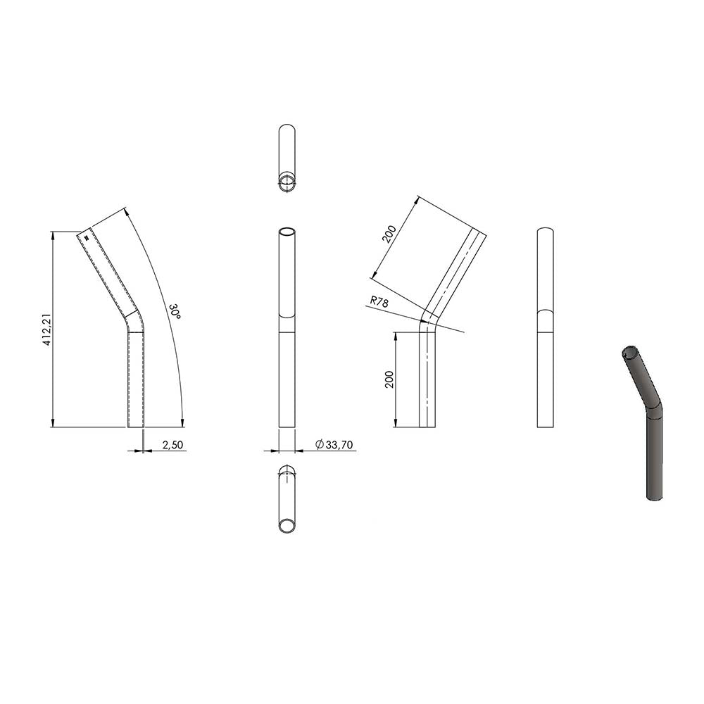 30° Anschweißbogen, für Rohr ø 33,7mm, Wandstärke 2,5mm, geschliffen