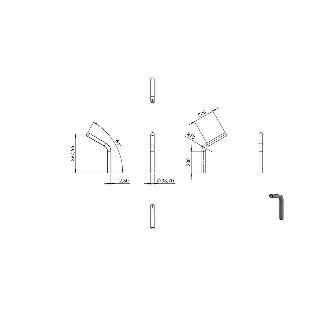 60° Anschweißbogen, für Rohr ø 33,7mm, Wandstärke 2,5mm, geschliffen