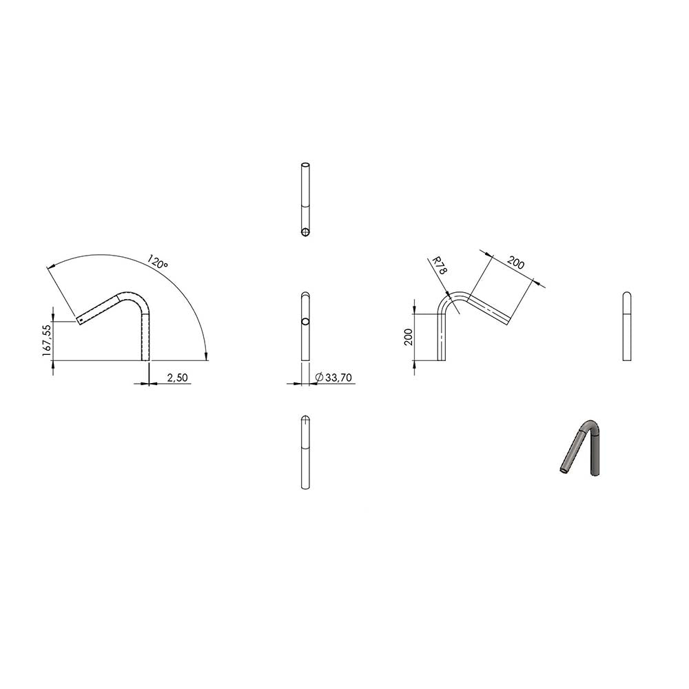 120° Anschweißbogen, für Rohr ø 33,7mm, Wandstärke 2,5mm, geschliffen