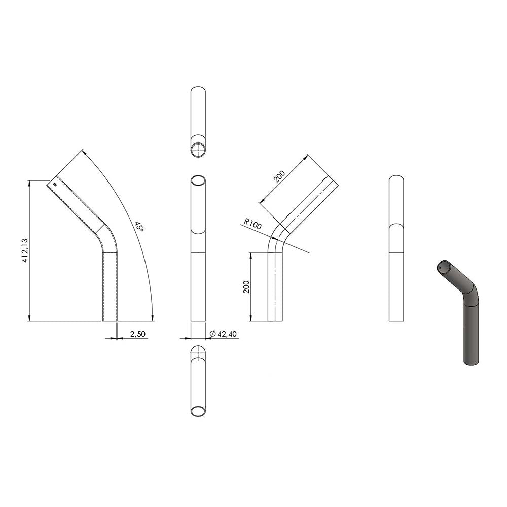 45° Anschweißbogen, für Rohr ø 42,4mm, Wandstärke 2,5mm, geschliffen