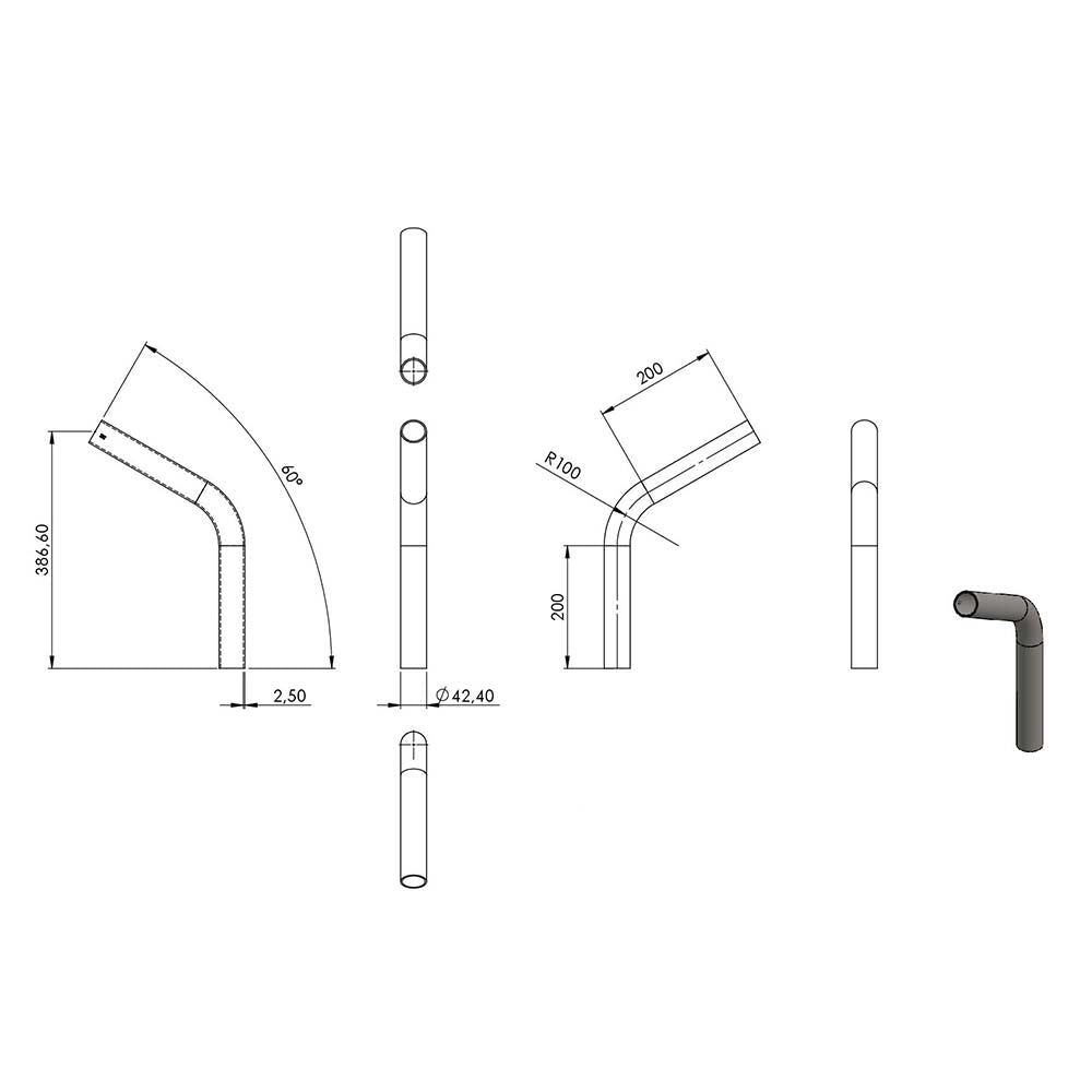 60° Anschweißbogen, für Rohr ø 42,4mm, Wandstärke 2,5mm, geschliffen