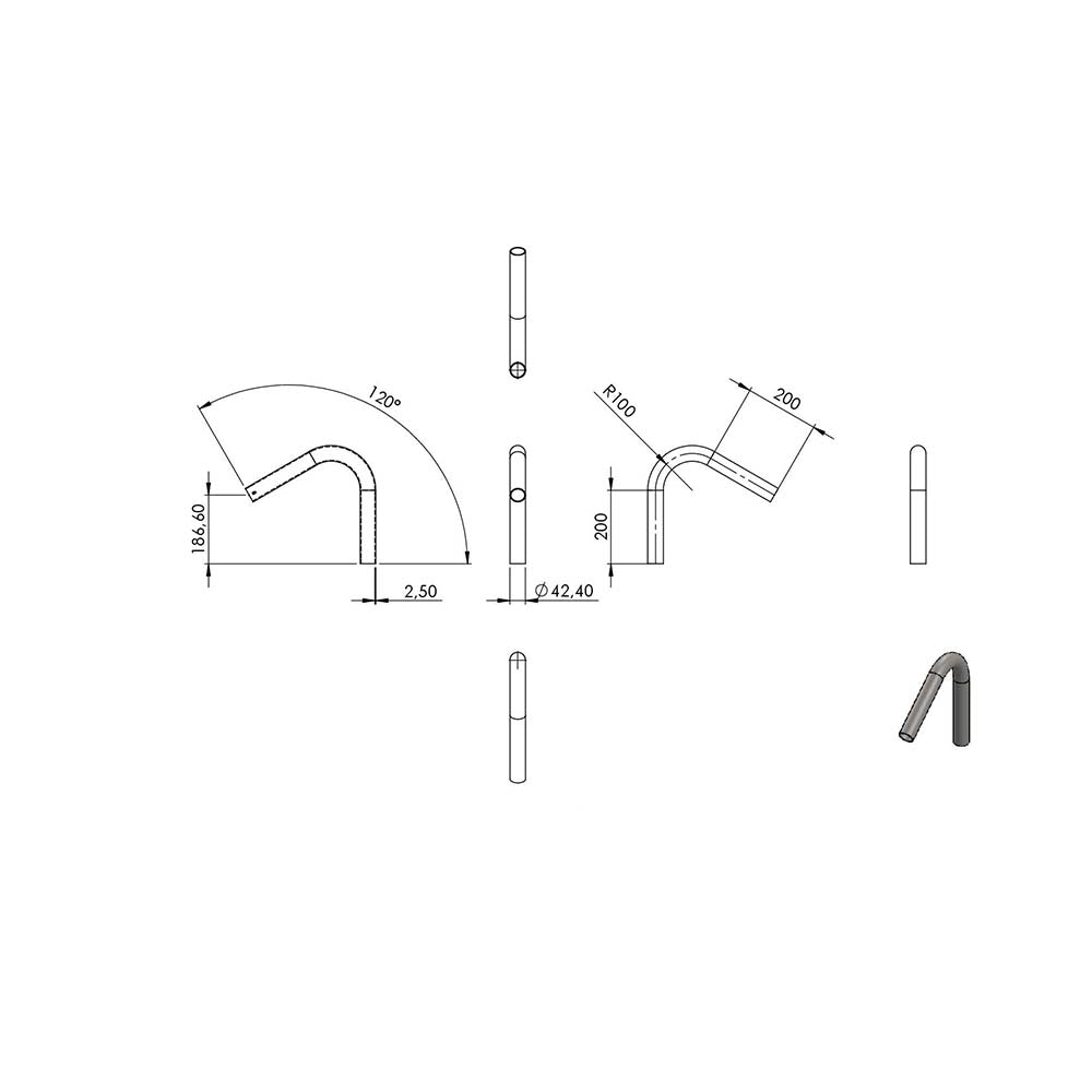 120° Anschweißbogen, für Rohr ø 42,4mm, Wandstärke 2,5mm, geschliffen