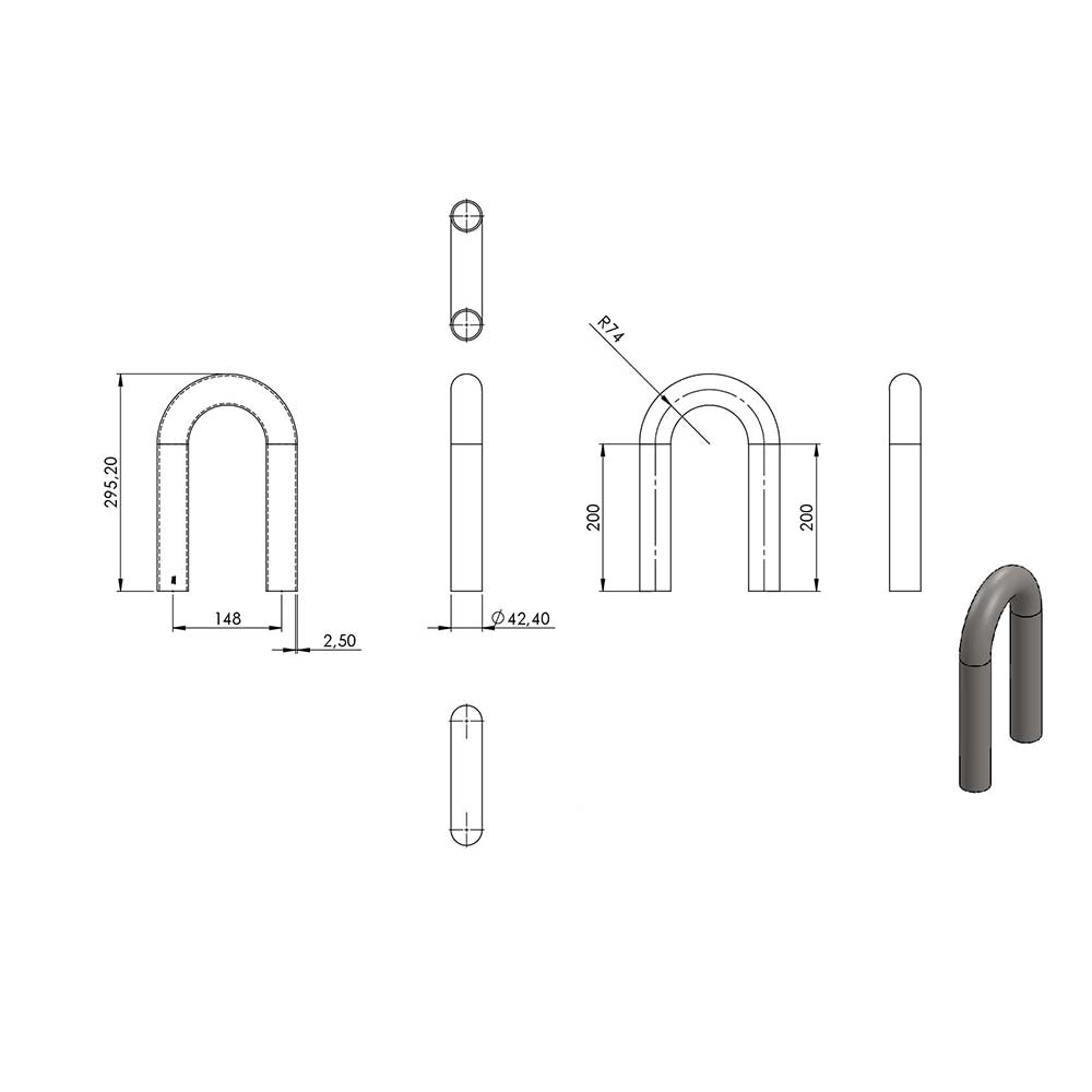 180° Anschweißbogen, Radius-Mitte: 74mm, für Rohr ø 42,4mm, Wandstärke 2,5mm, geschliffen