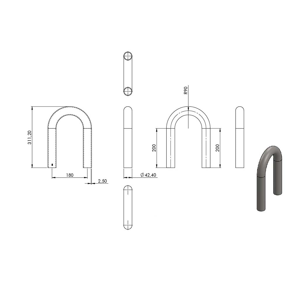 180° Anschweißbogen, Radius-Mitte: 90mm, für Rohr ø 42,4mm, Wandstärke 2,5mm, geschliffen