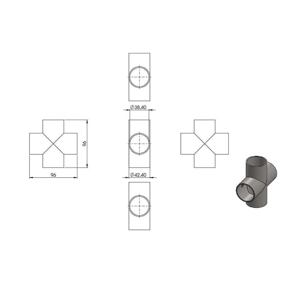 Kreuzstück zum Anschweißen, für Rohr ø 42,4mm, Wandstärke 2,0mm, geschliffen