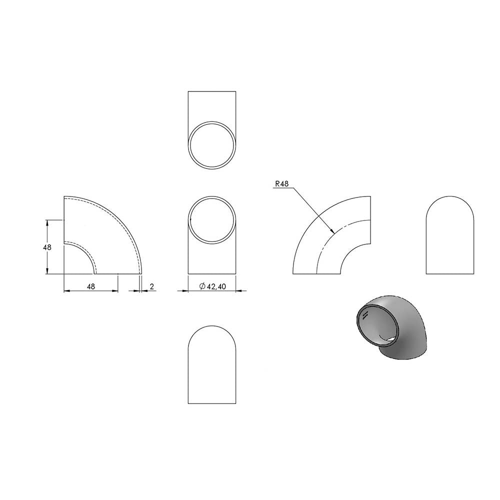 V4A 90° Bogen zum Anschweißen, für Rohr ø 42,4mm, Wandstärke 2,0mm, geschliffen