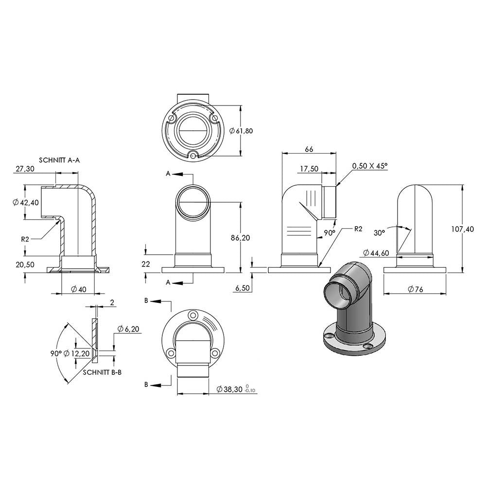 Wandhalterung lang mit 90° Eckverbindung, für Rohr 42,4 x 2,0 mm, in V2A Edelstahl
