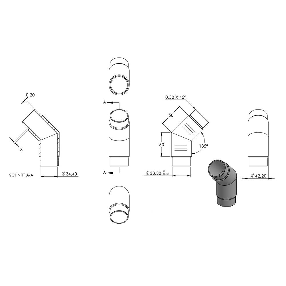 Rohrbogen 135°, zum Stecken und Kleben, für Rohr 42,4 x 2,0mm, in V4A