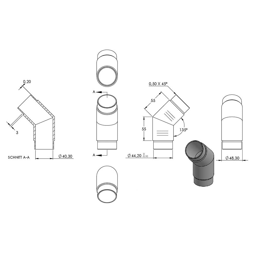 Rohrbogen 135°, zum Stecken und Kleben, für Rohr 48,3 x 2,0mm