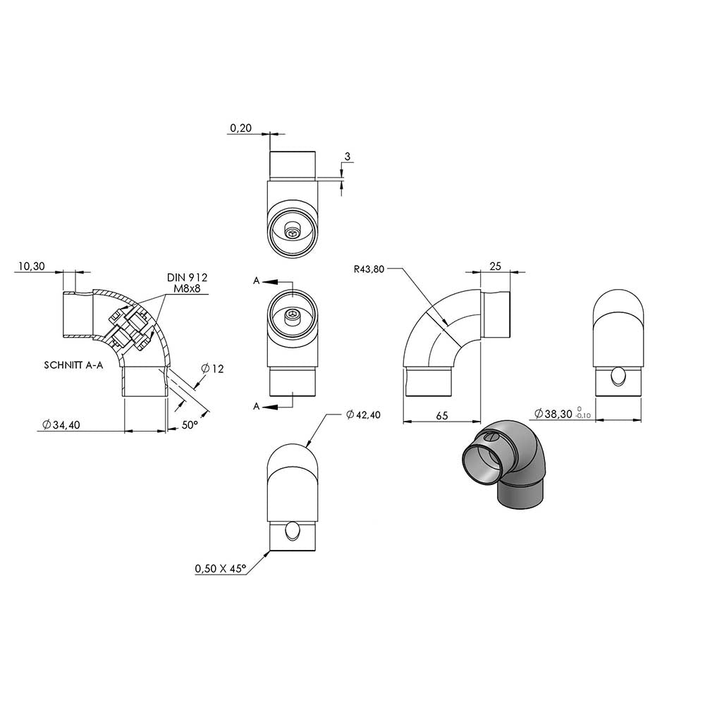 Rohrbogen 90°, stufenlos verstellbar, für Rohr 42,4 x 2,0mm