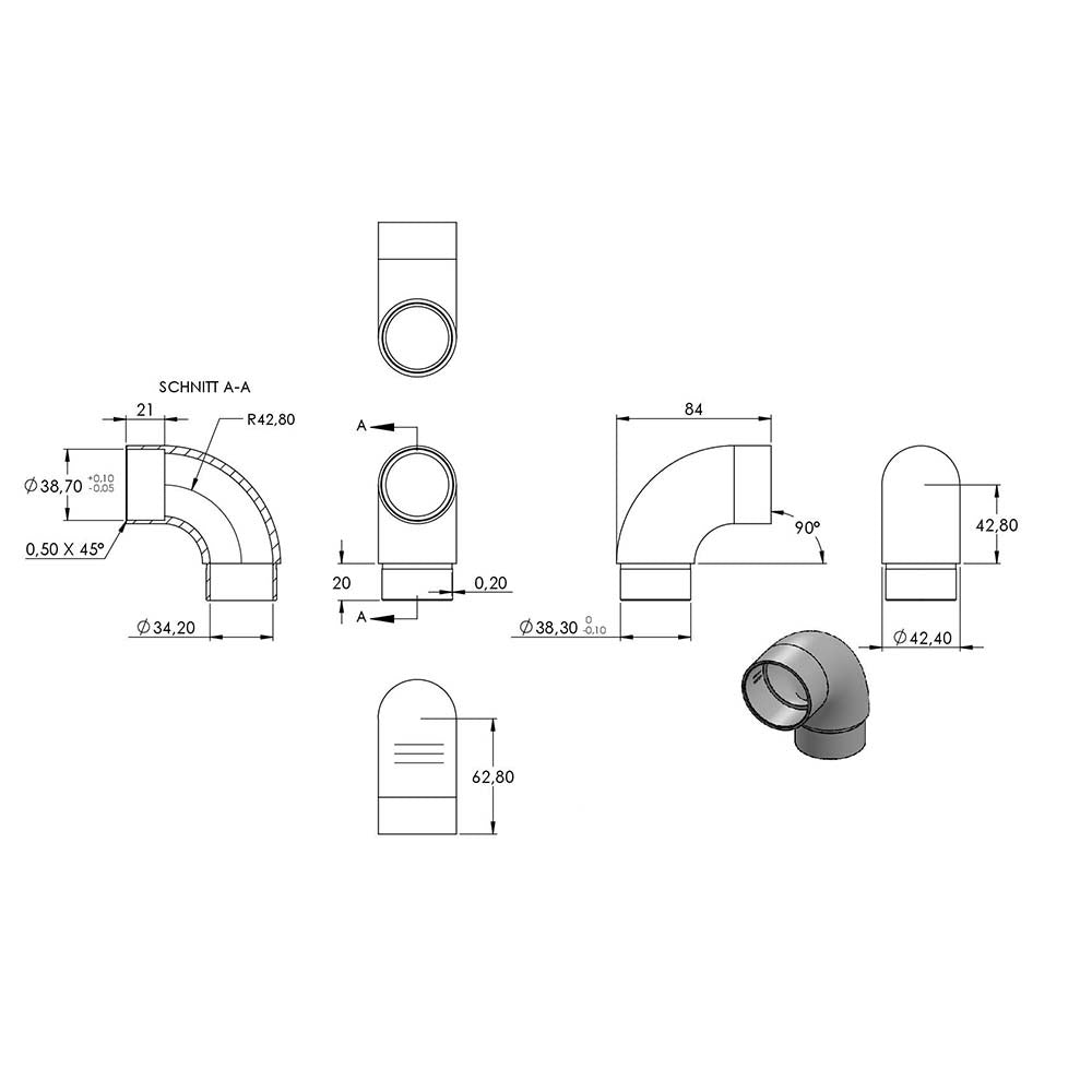 Anschlussbogen 90°, für Rohr 42,4 x 2,0mm, zum Stecken
