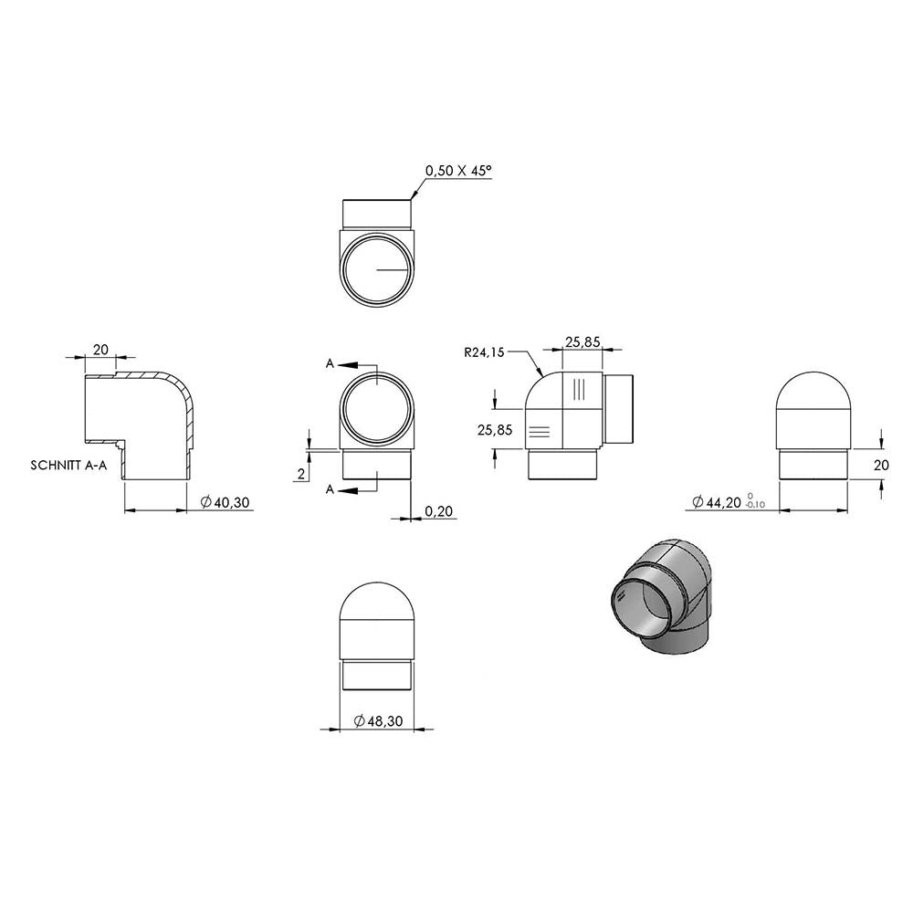 Rohrbogen 90° eng, für Rohr 48,3 x 2,0mm