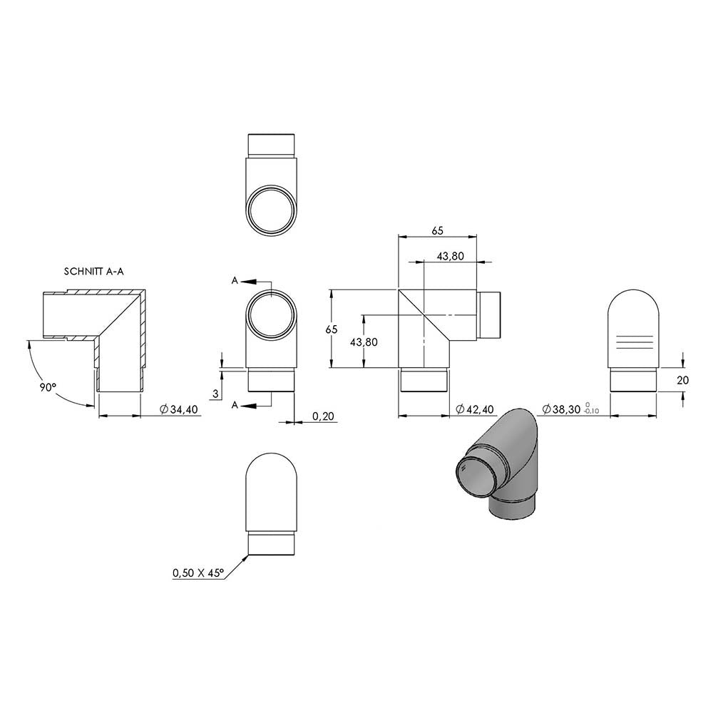 Rohrbogen 90° scharf, für Rohr 42,4 x 2,0mm