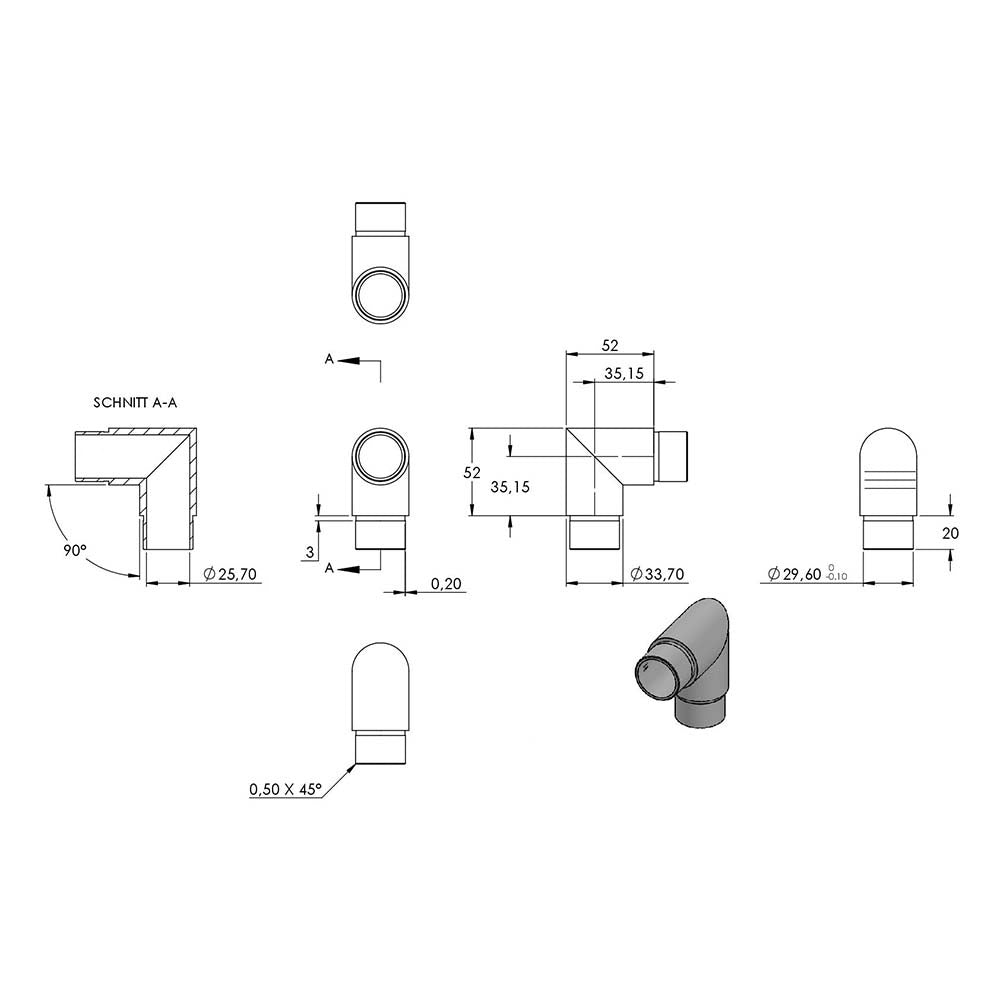 Rohrbogen 90° scharf, für Rohr 33,7 x 2,0mm