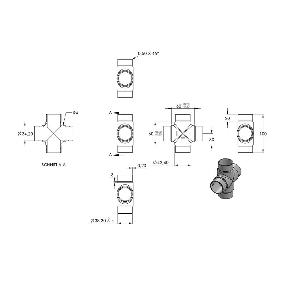 Kreuzstück mit gleichen Abgängen, für Rohr 42,4 x 2,0mm