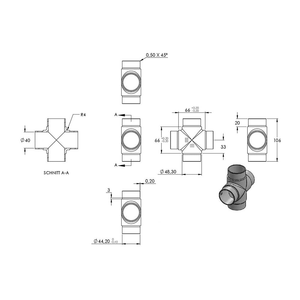 Kreuzstück mit gleichen Abgängen, für Rohr 48,3 x 2,0mm