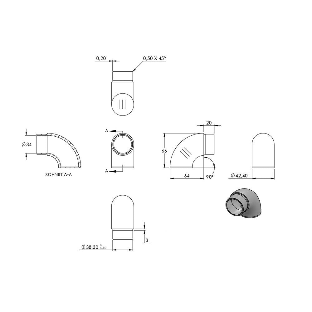 Endbogen 90°, flacher Abschluss, zum Stecken und Kleben, für Rohr 42,4 x 2,0mm