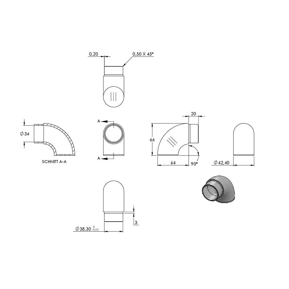 V4A Endbogen 90°, flacher Abschluss, zum Stecken und Kleben, für Rohr 42,4 x 2,0mm