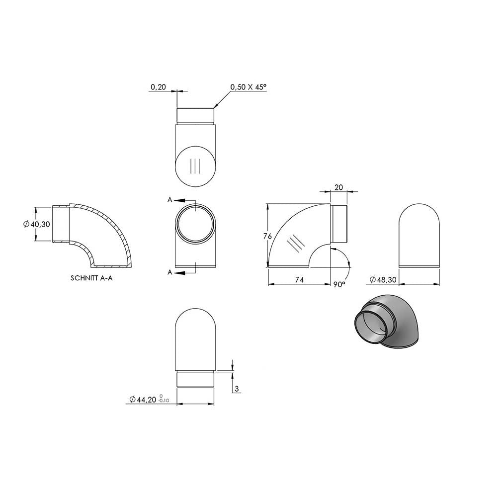 Endbogen 90°, flacher Abschluss, zum Stecken und Kleben, für Rohr 48,3 x 2,0mm