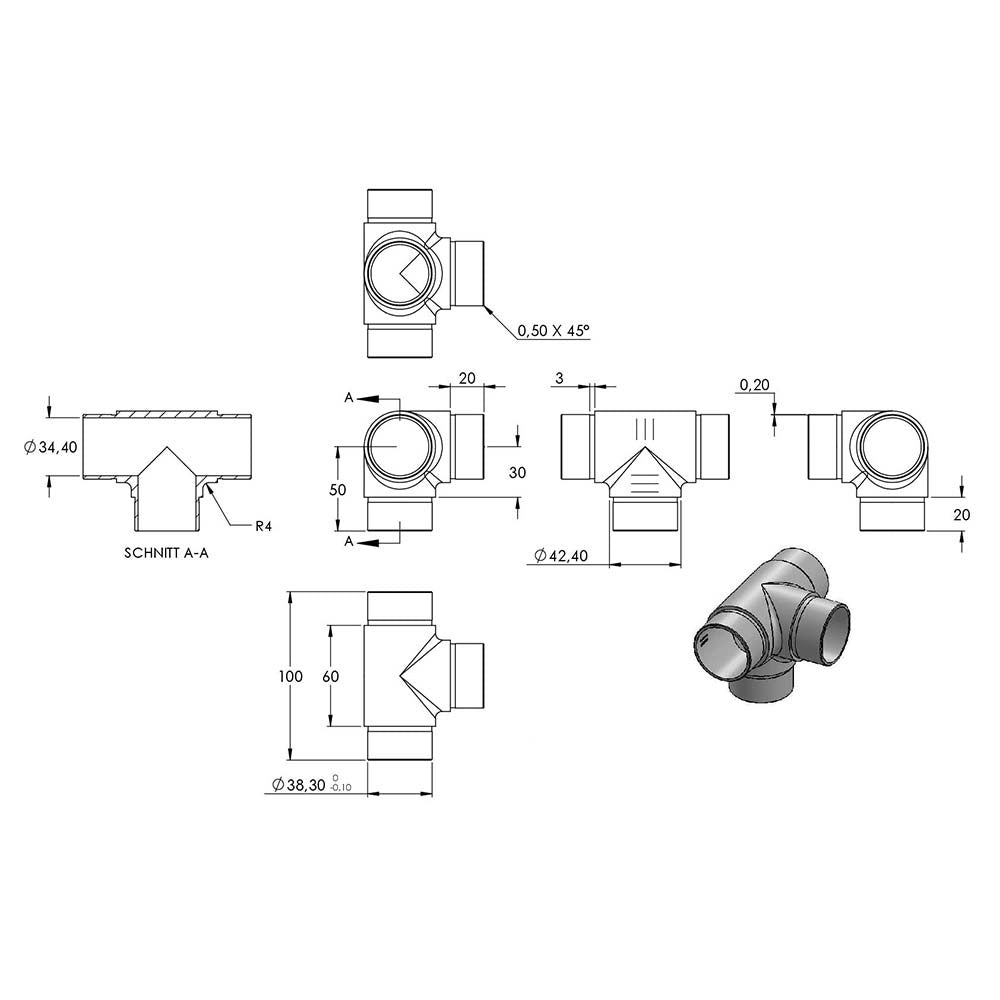 T-Stück mit seitlichem Abgang, zum Stecken, für Rohr 42,4 x 2,0mm